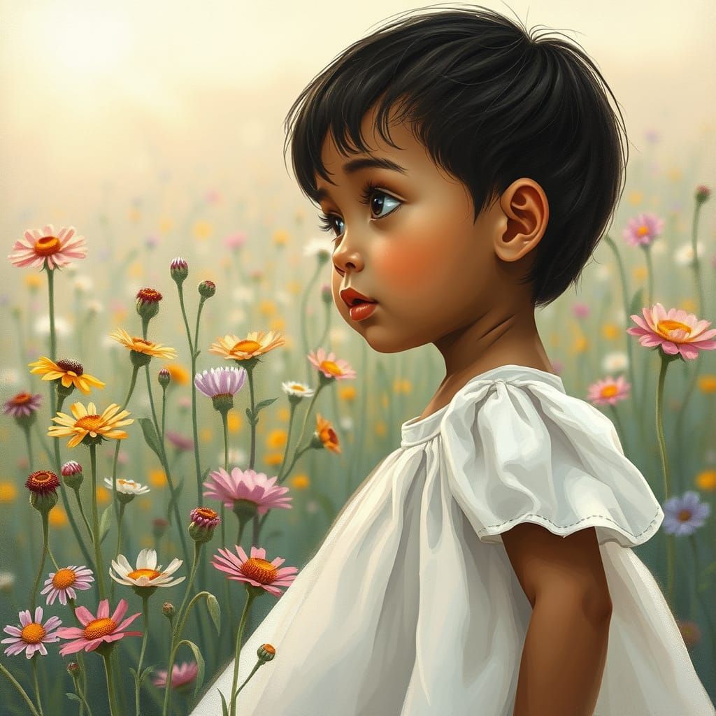 Serene Girl in Whimsical Wildflower Scene, Airbrushed in Pas...