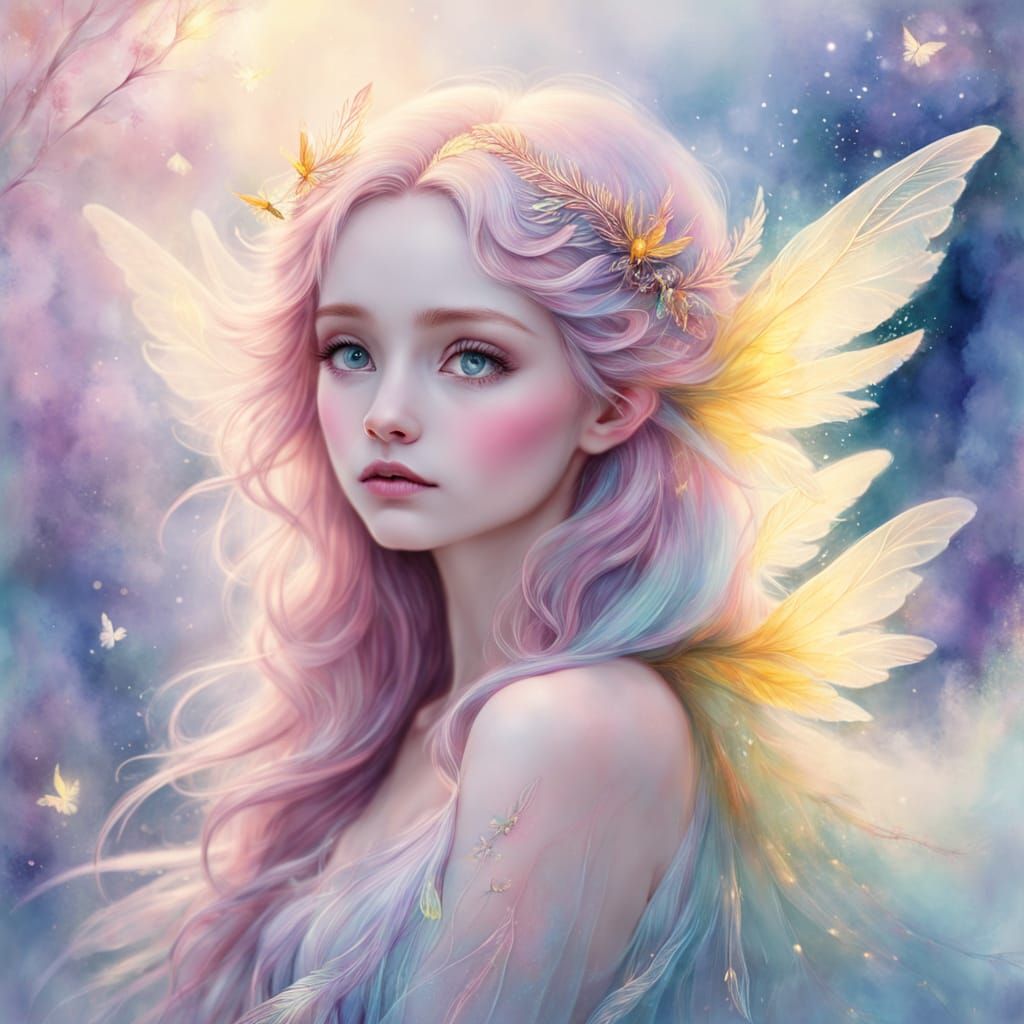 Whimsical Fairy in Dreamy Watercolor Pastels