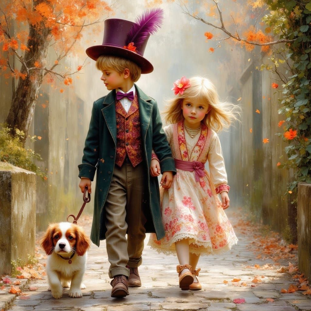 Children with Cavalier Puppy on Cobblestone Path