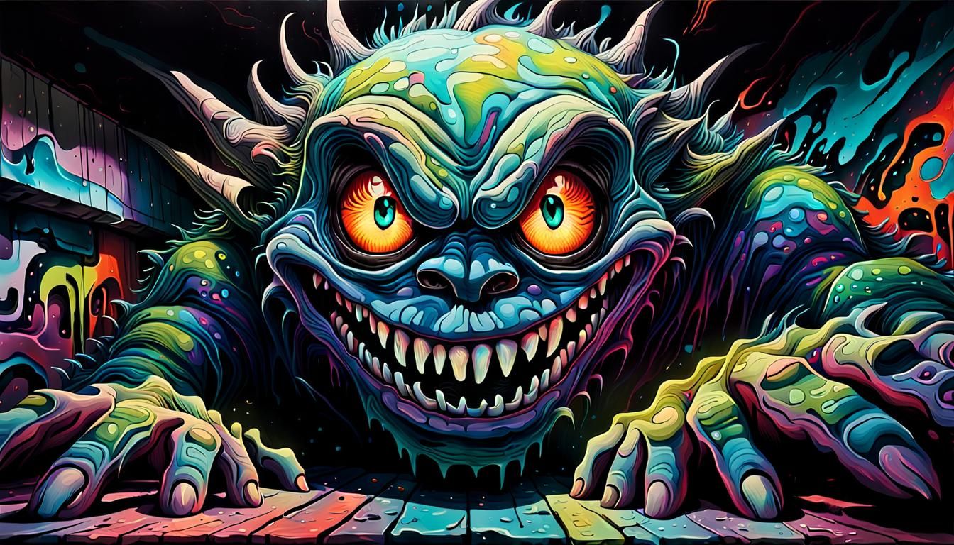 Terrifying Under Bed Monster in Surreal Graffiti Art