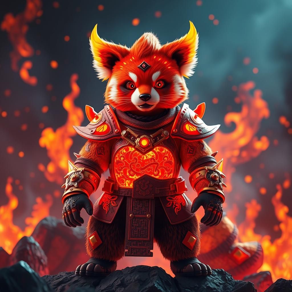 Crimson Armored Panda in Fiery Landscape