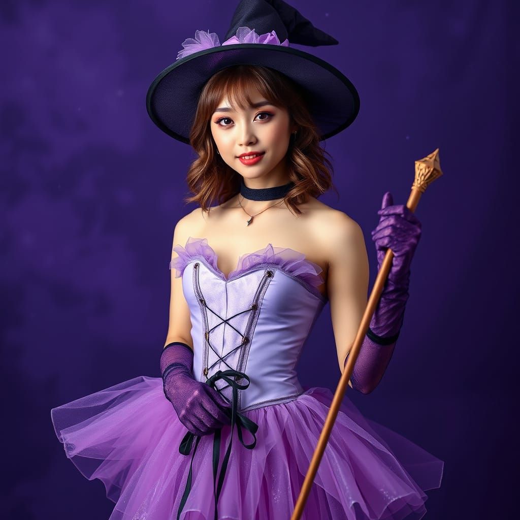 Japanese Witch in Dreamy Violet Studio, Hyperrealistic Photo