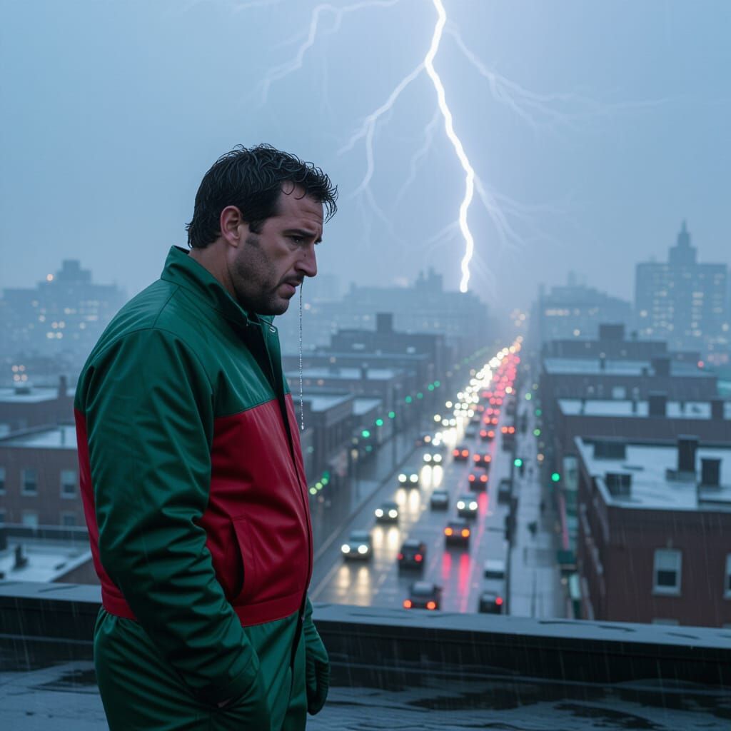 Cinematic Hero on Rooftop in Rain