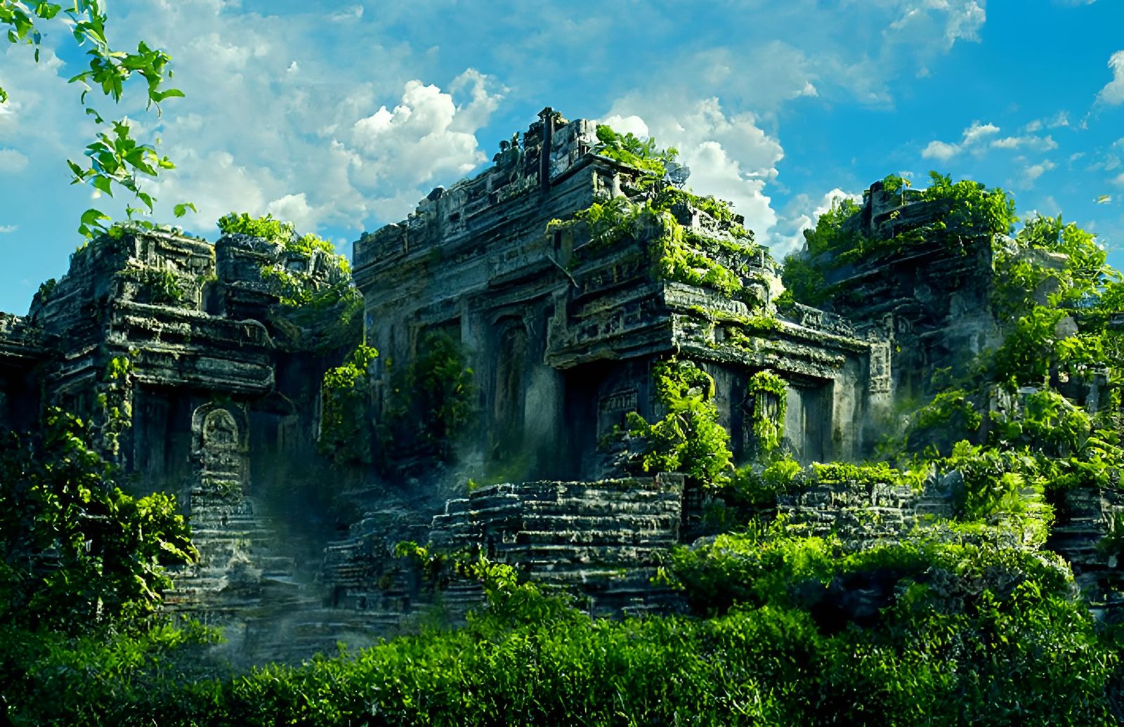 Overgrown Mayan Temple Entrance in Ruins