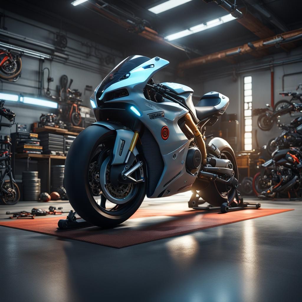 Hi-Tech Sports Bike Garage with Holographic Display