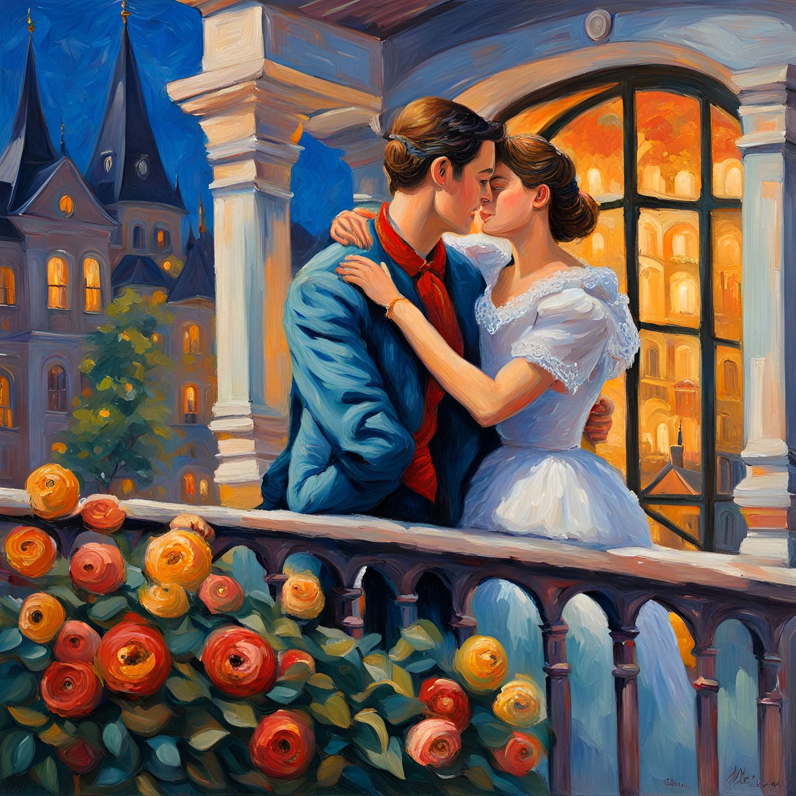 Romantic Balcony Scene in Expressionist Impasto Style