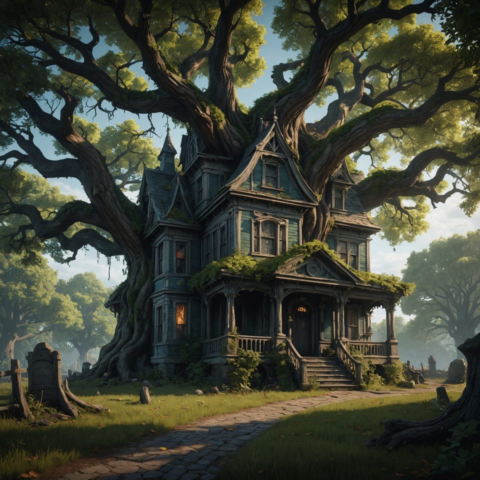 Haunted House with Ghost in Detailed Matte Painting