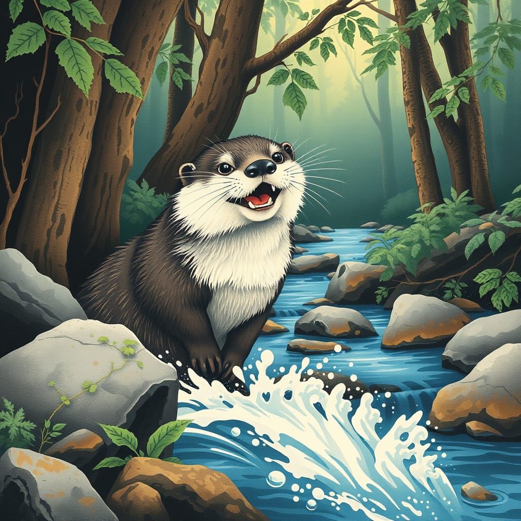 Playful Otter in Forest Stream: Silkscreen Print