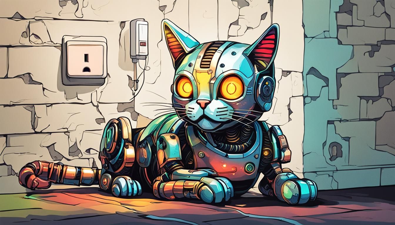 Cyborg Cat Recharging: Whimsical Metallic Poster Art