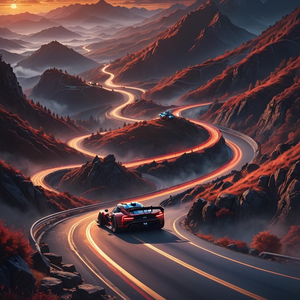 F1 Car Races Through Mountain Valley: Digital Art