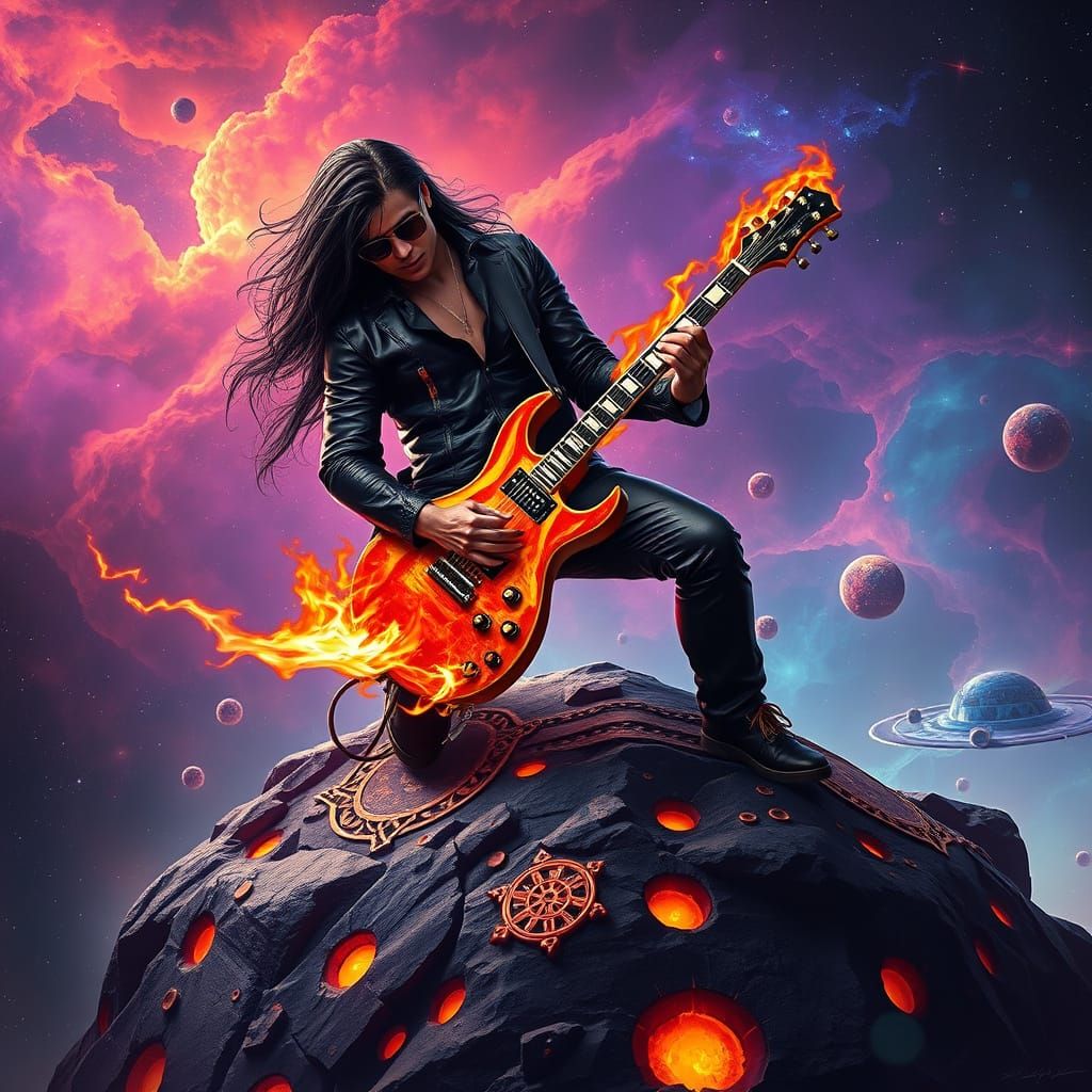 Cosmic Rockstar Shredding Flaming Guitar in Nebula