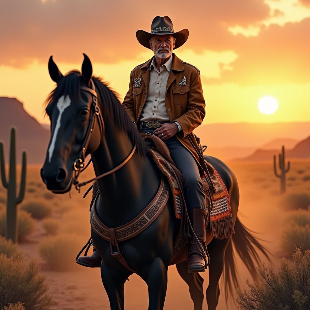 Old Cowboy on Horseback in Sunset Landscape