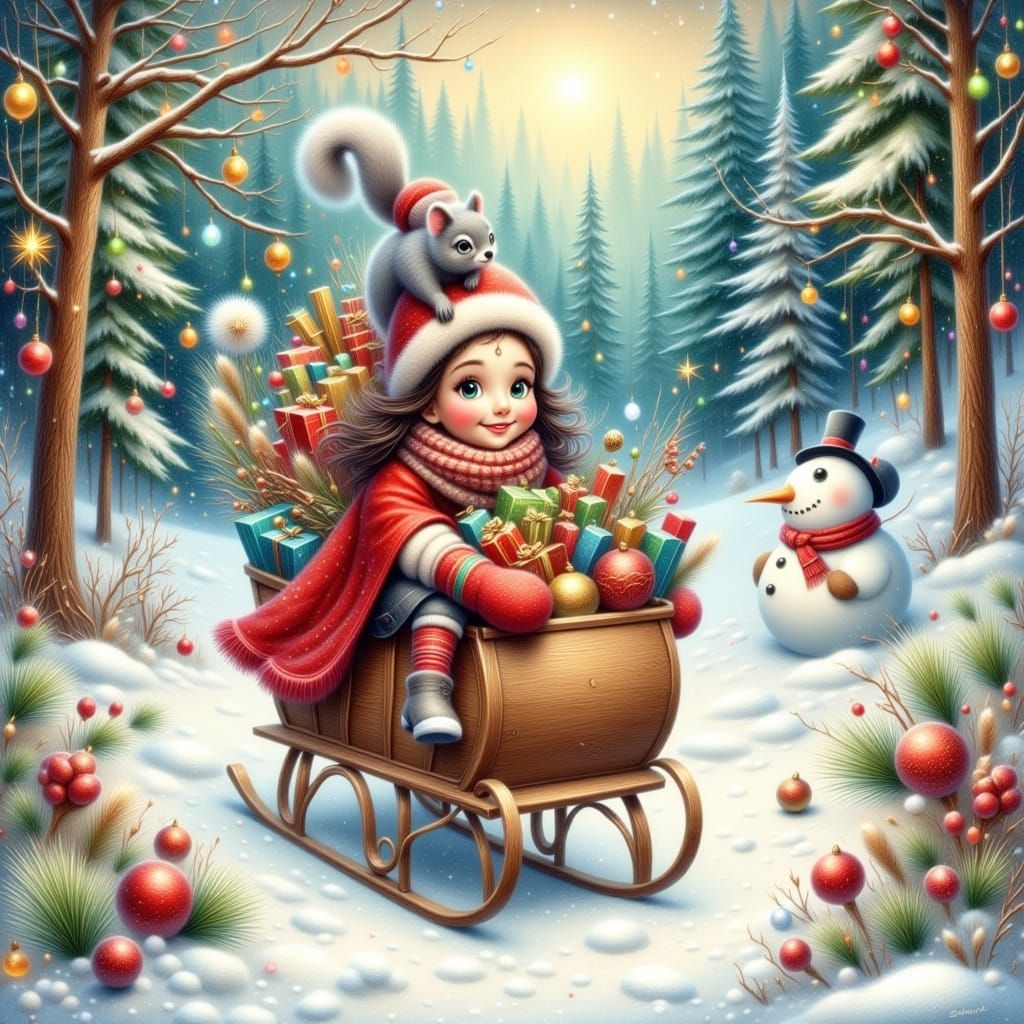 Joyful Girl With Sled and Gifts in Snowy Forest