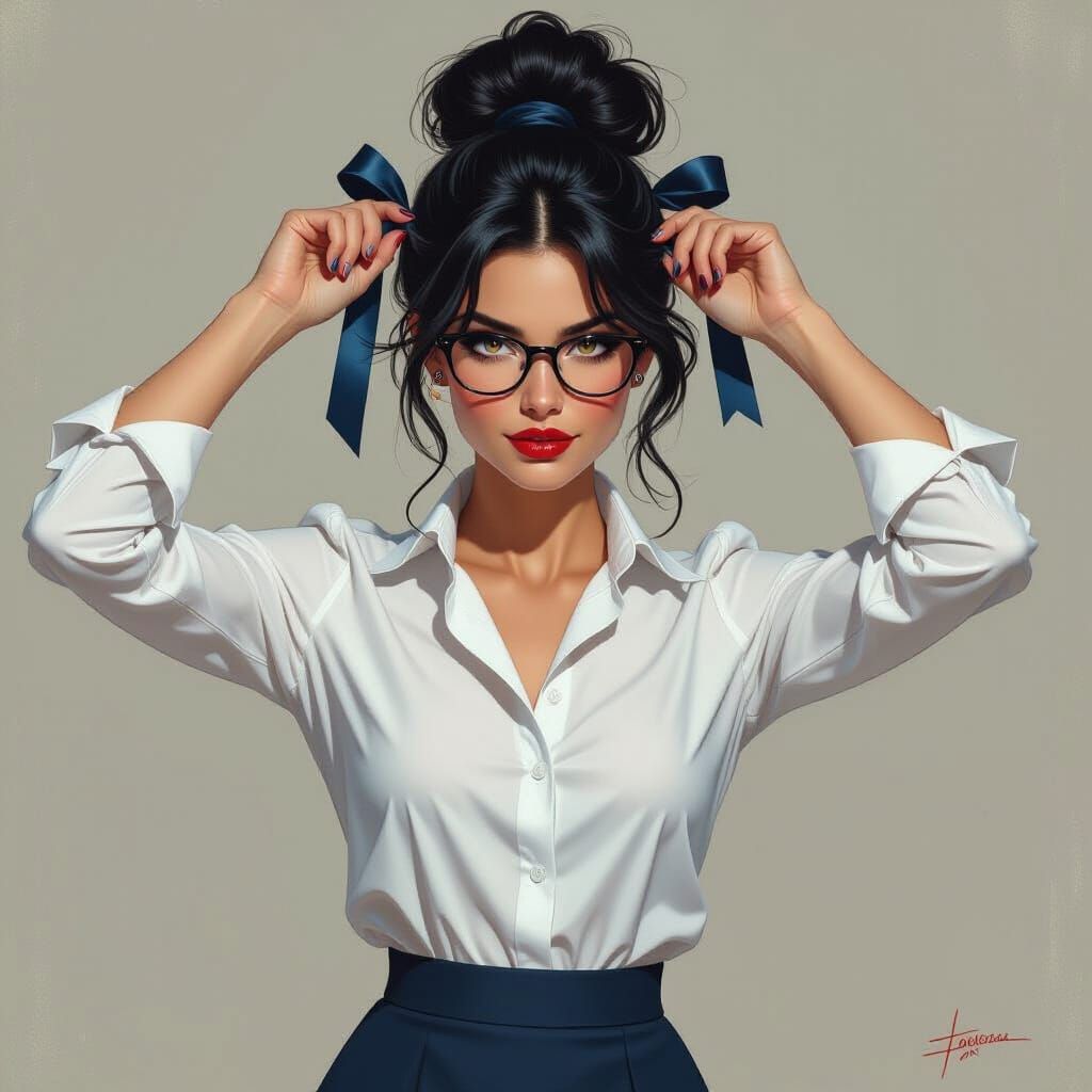 Elf Woman Tying Ribbon, Fantasy Oil Painting