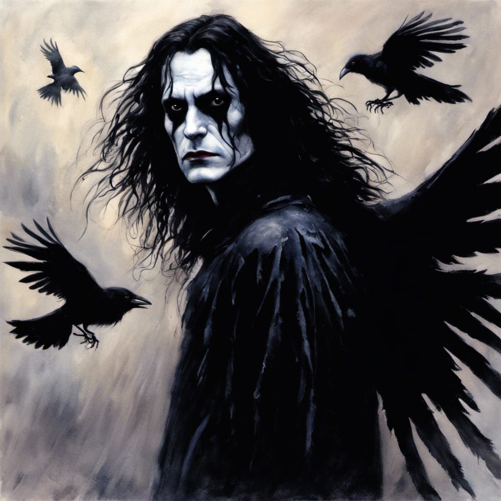 The Crow, Eric Draven  with crow wings in  flight, crow feather  Dreamscape, Tim Burton,Brian Froud