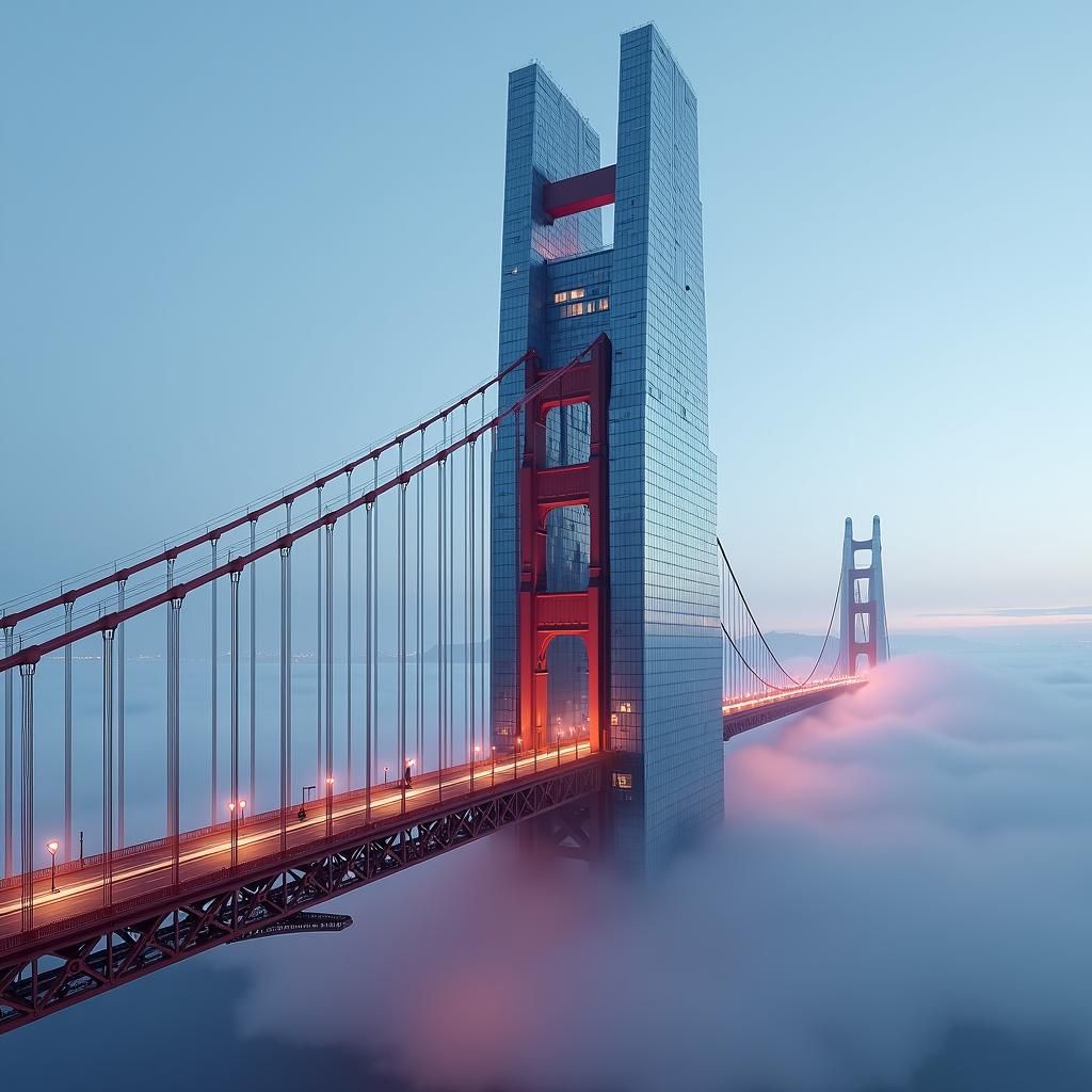 Cyberpunk Skyscraper Reflects Golden Gate Bridge