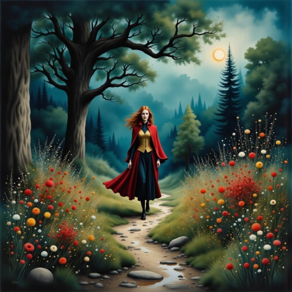 Red-Haired Woman in Forest, Watercolor Style