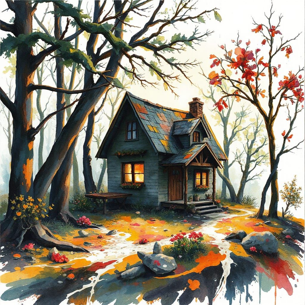 Whimsical Cottage in Woods, Fervent Watercolour Style