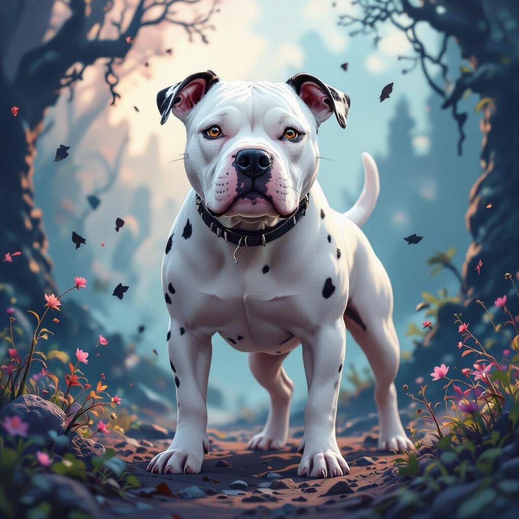 White and Black Spotted Pit Bull in Fantastical Matte Painti...