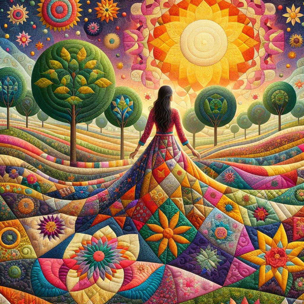 A woman seen from behind stands in a magical quilted landsca...