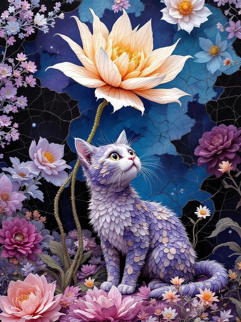 Cat Under Flower with Embroidered Textures