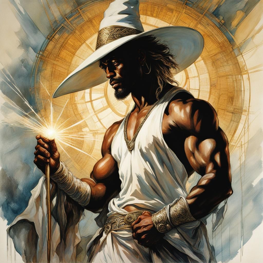 Futuristic Muscular Wizard Casting Light Spell