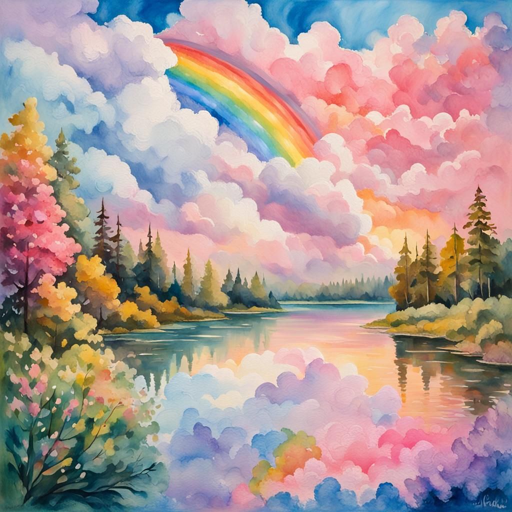 Colorful Rainbow Landscape in Impressionist Gouache Style
