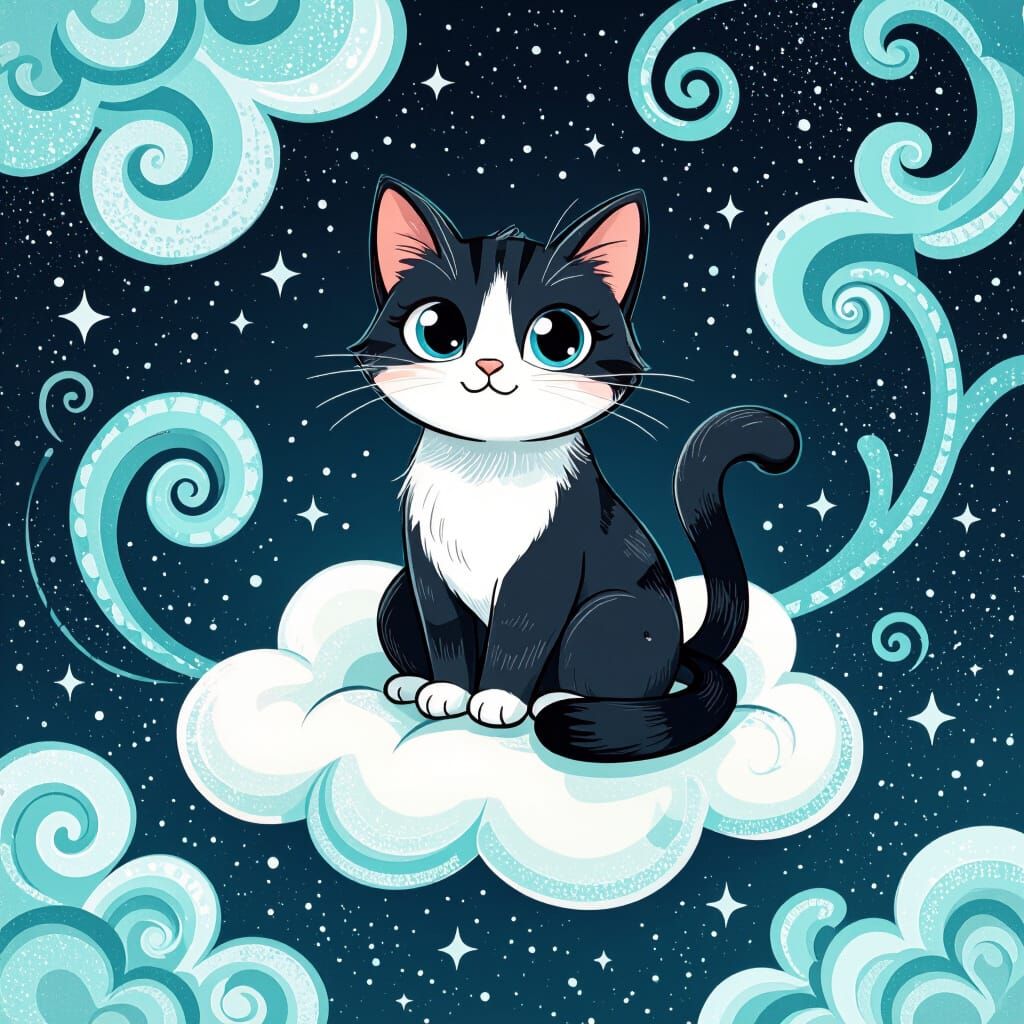 Whimsical Cat on Cloud in Pastel Cartoon Style