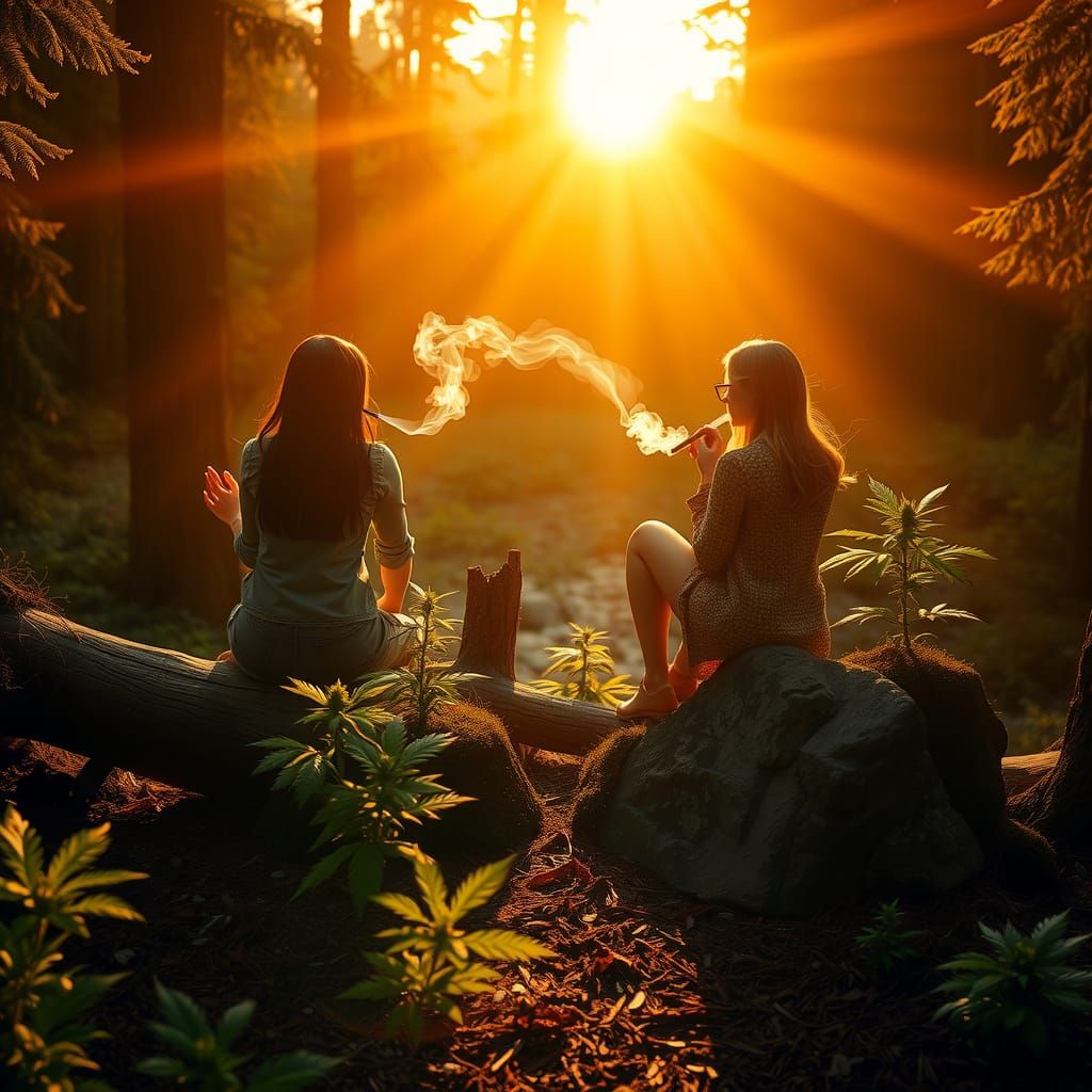 Sisters Smoking in Forest at Sunset, Hyper-Realistic