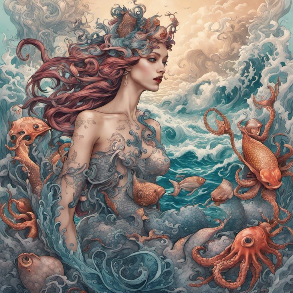 Underwater Themed Arm Tattoo with Mermaid and Octopus