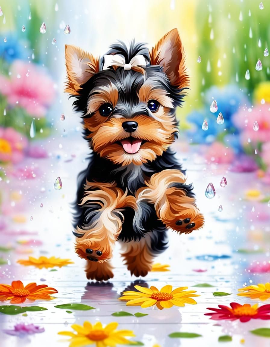 Chibi Yorkshire Terrier Puppy Dancing in the Rain