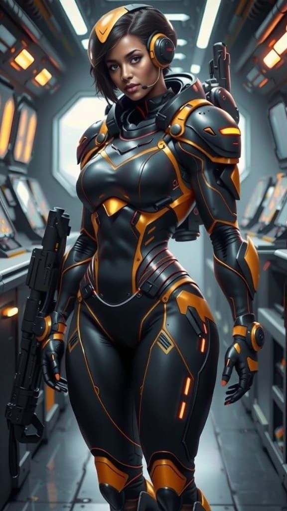 Cyberpunk Warrior Goddess in Shimmering Space Armor