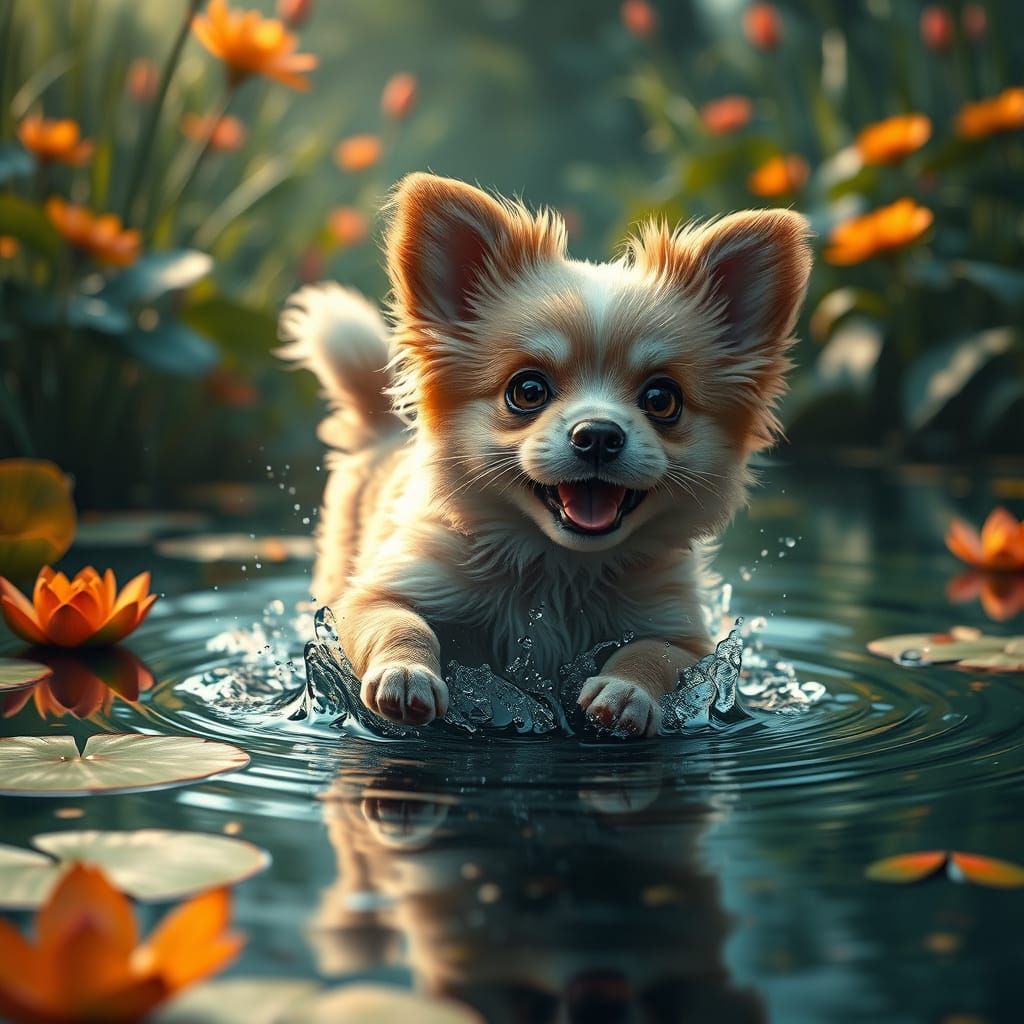 Surreal Fantasy Dog in Serene Pond Landscape