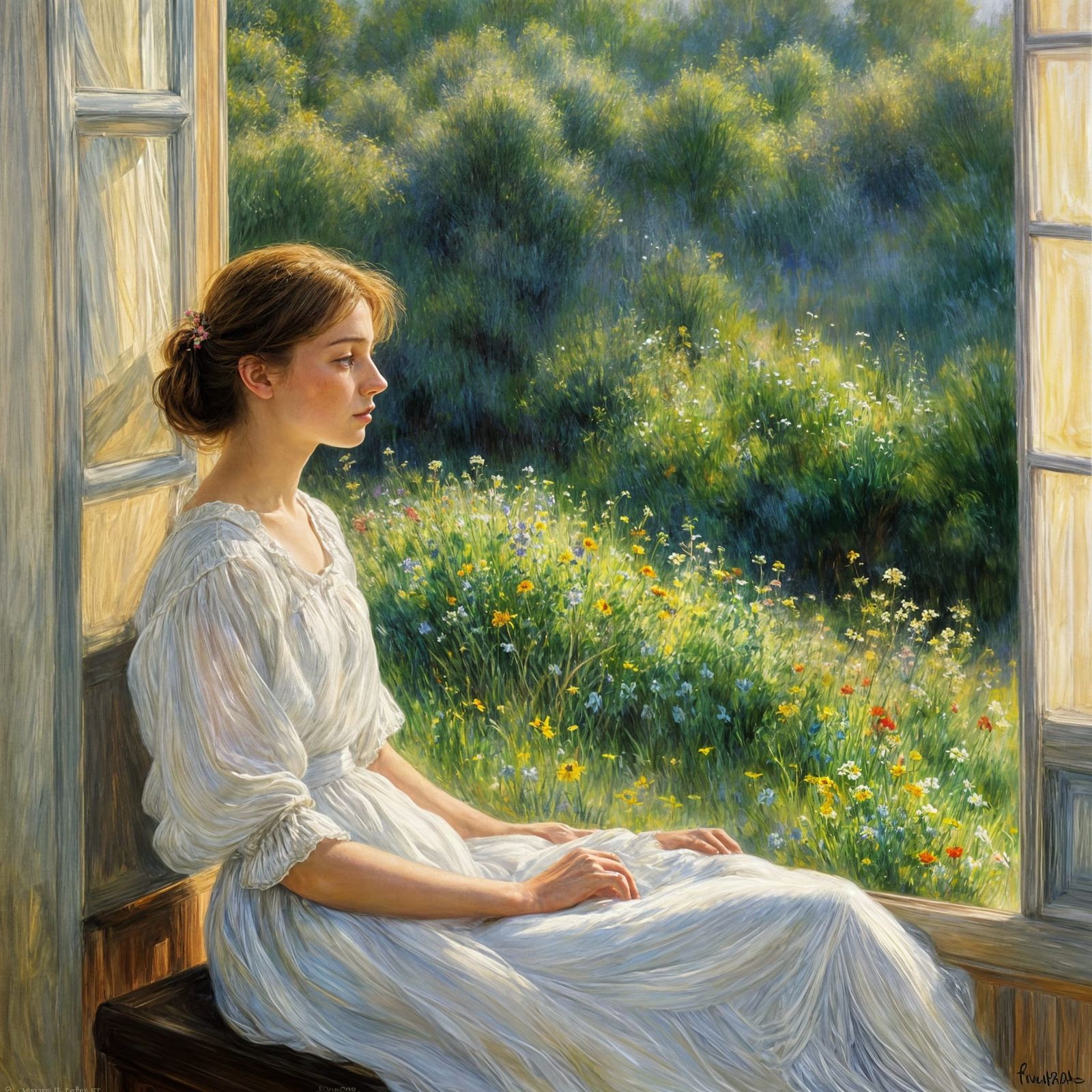 Serene French Woman in a Lush Valley Dawn Scene