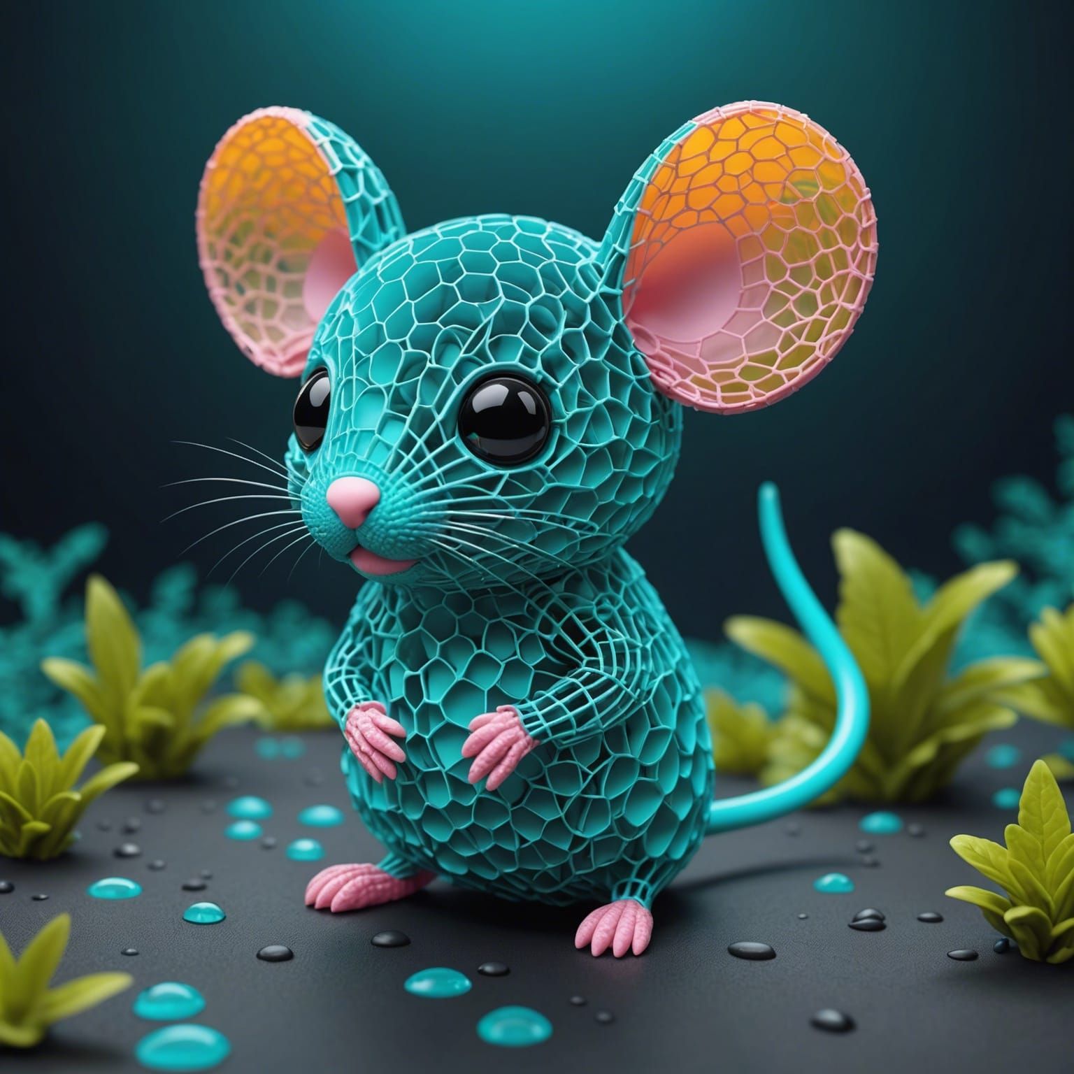 Aqua Chibi Mouse in Neon 3D Render