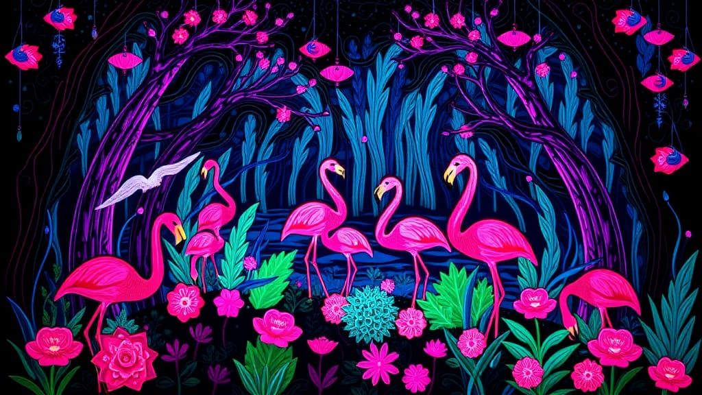 Neon Flamingo Forest in Quilled Paper Art