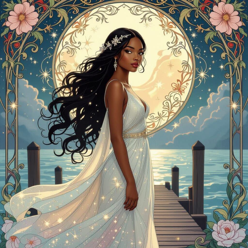 Elegant Starlight Woman in Art Nouveau Style