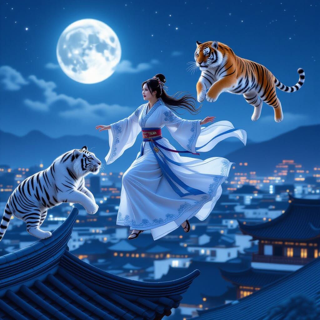 Hanfu Girl Leaping with Tigers in Moonlight