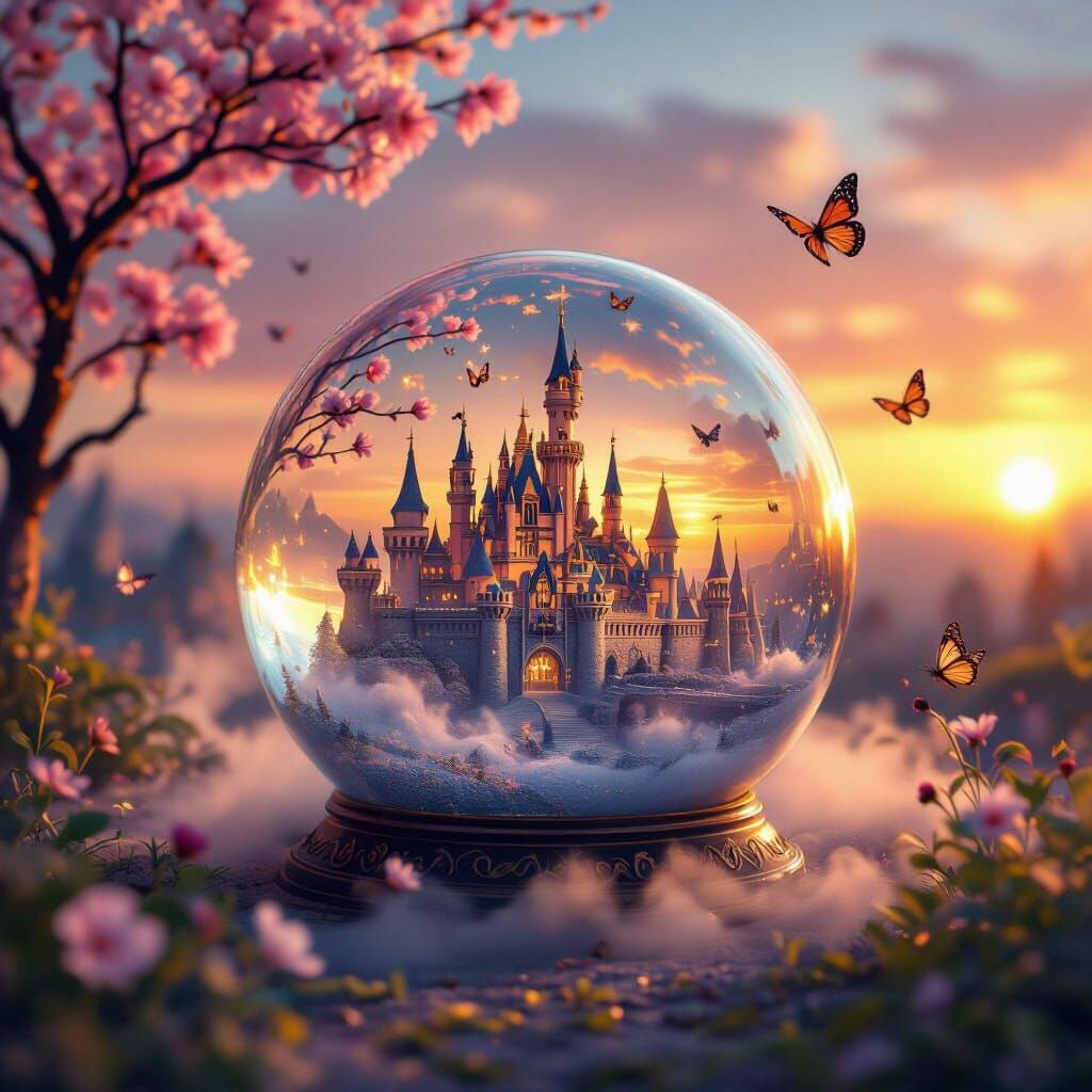 Miniature Castle Inside Glass Ball with Sunset