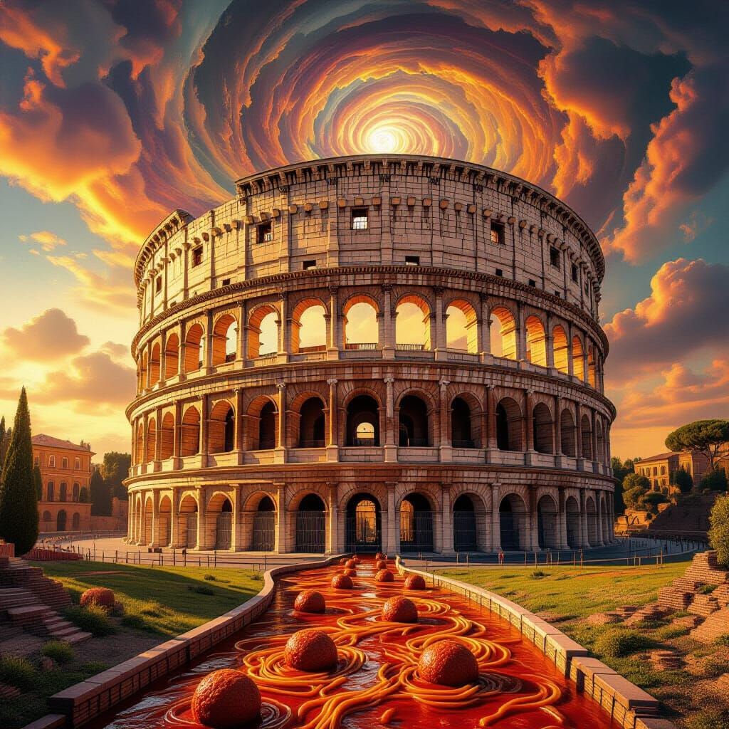 Spaghetti Colosseum with Meatball Arches in Vibrant Sky