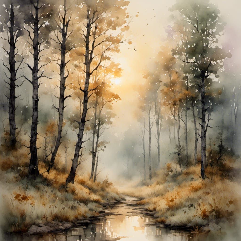 Deciduous Forest Clearing at Dawn in Watercolor