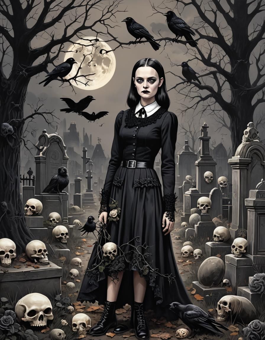 Adult Wednesday Addams in Gothic Graveyard Setting