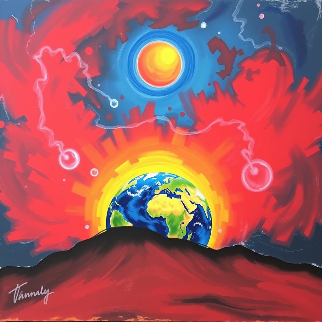 Ominous Red Moon Over Earth in Pastel Action Painting