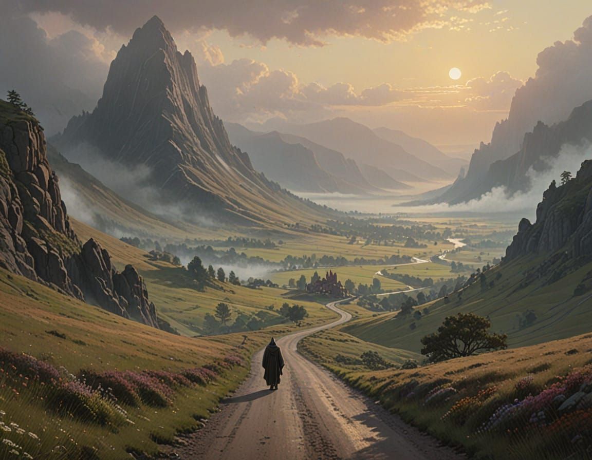 Ethereal Fog Envelops a Lone Figure on a Winding Road