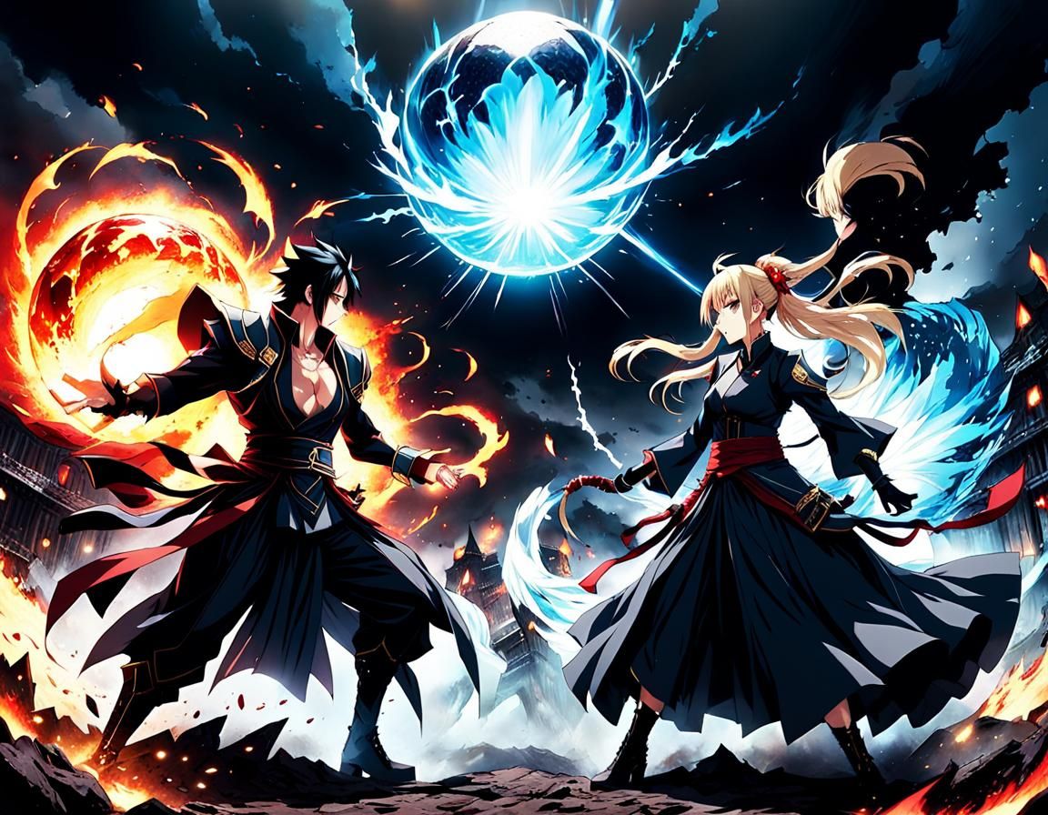 Epic Anime Villain Showdown with Dark and Light Flames