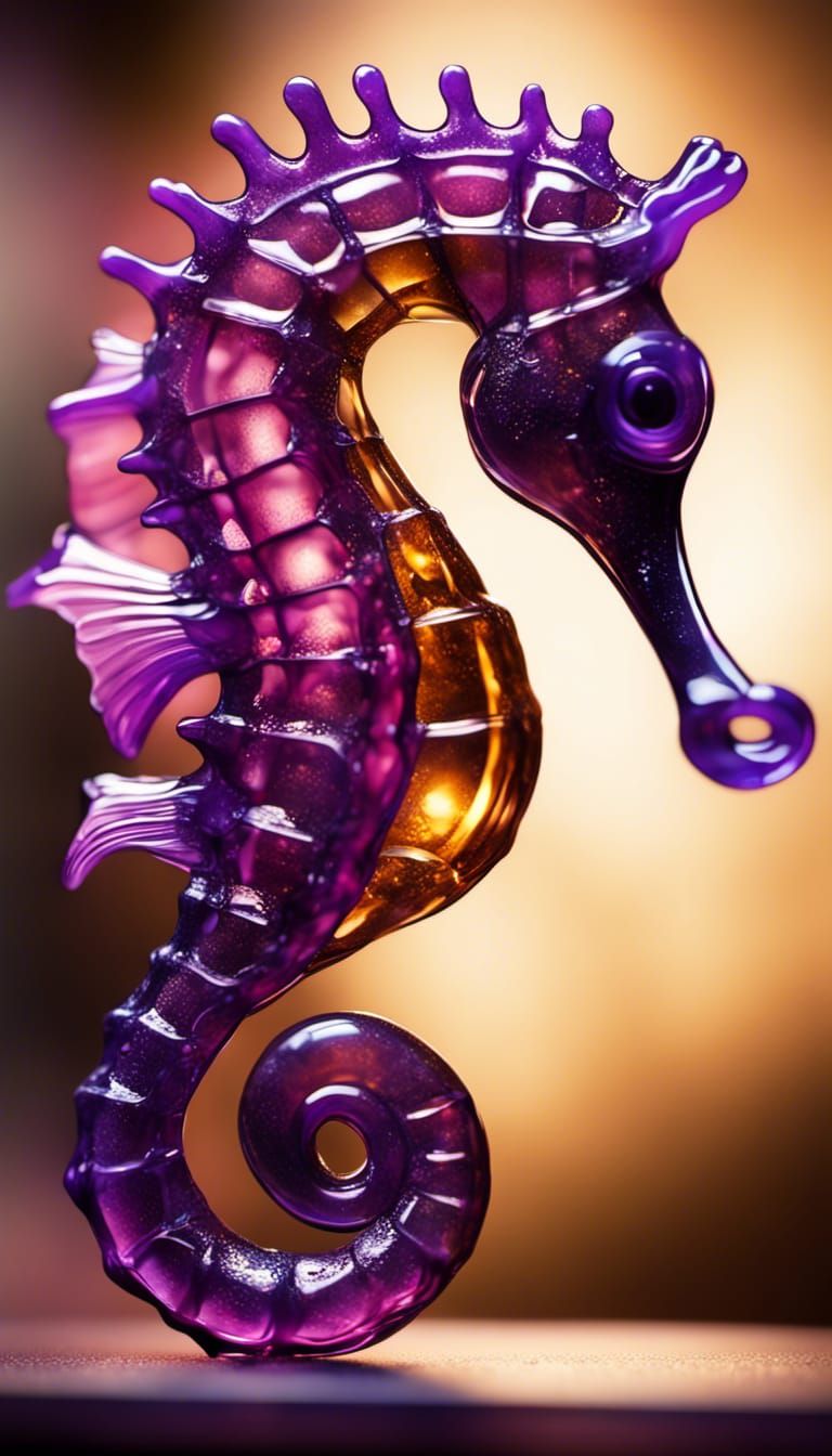 Intricate Purple and Gold Seahorse in Blown Glass Style