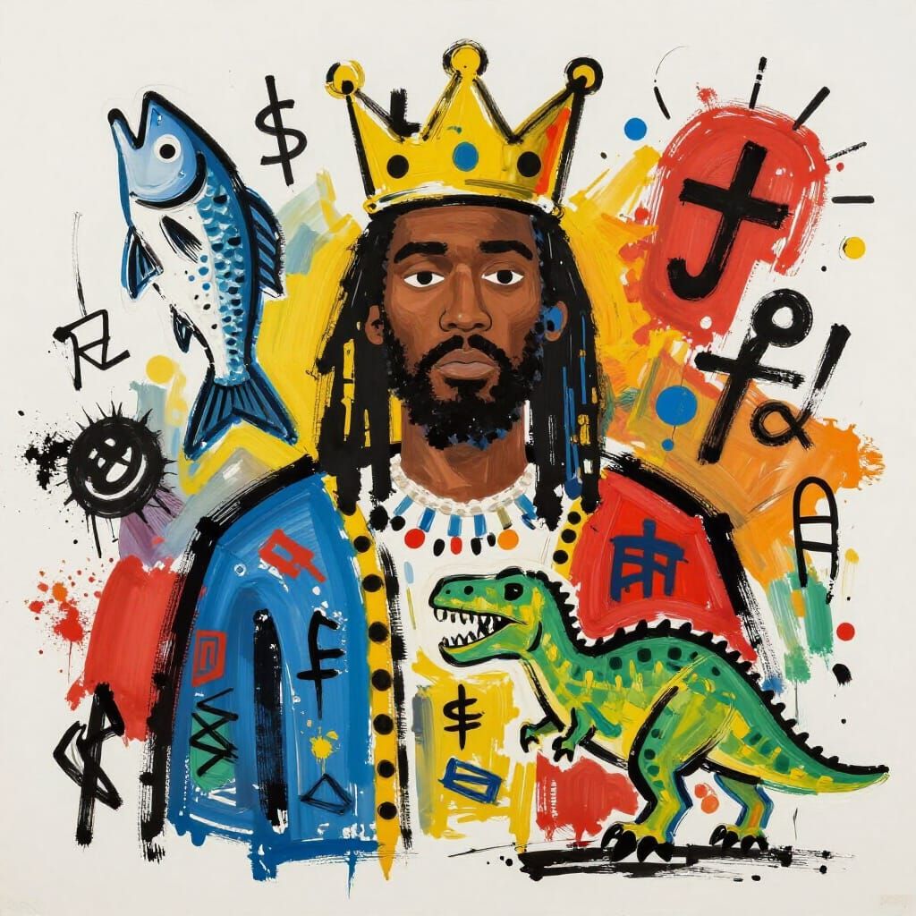 King with Fish and Dino in Basquiat Style