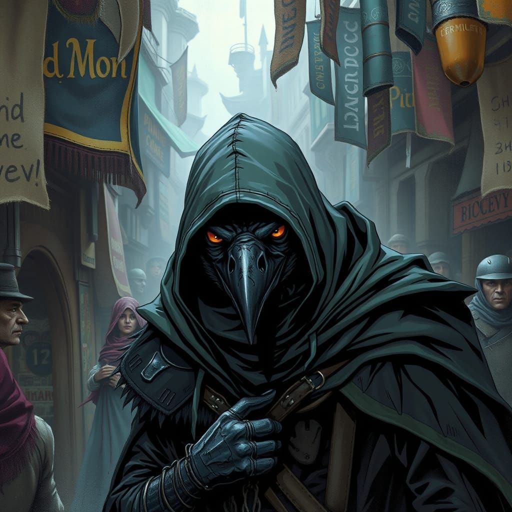 Anthropomorphic Crow Rogue in Gritty Marketplace Scene