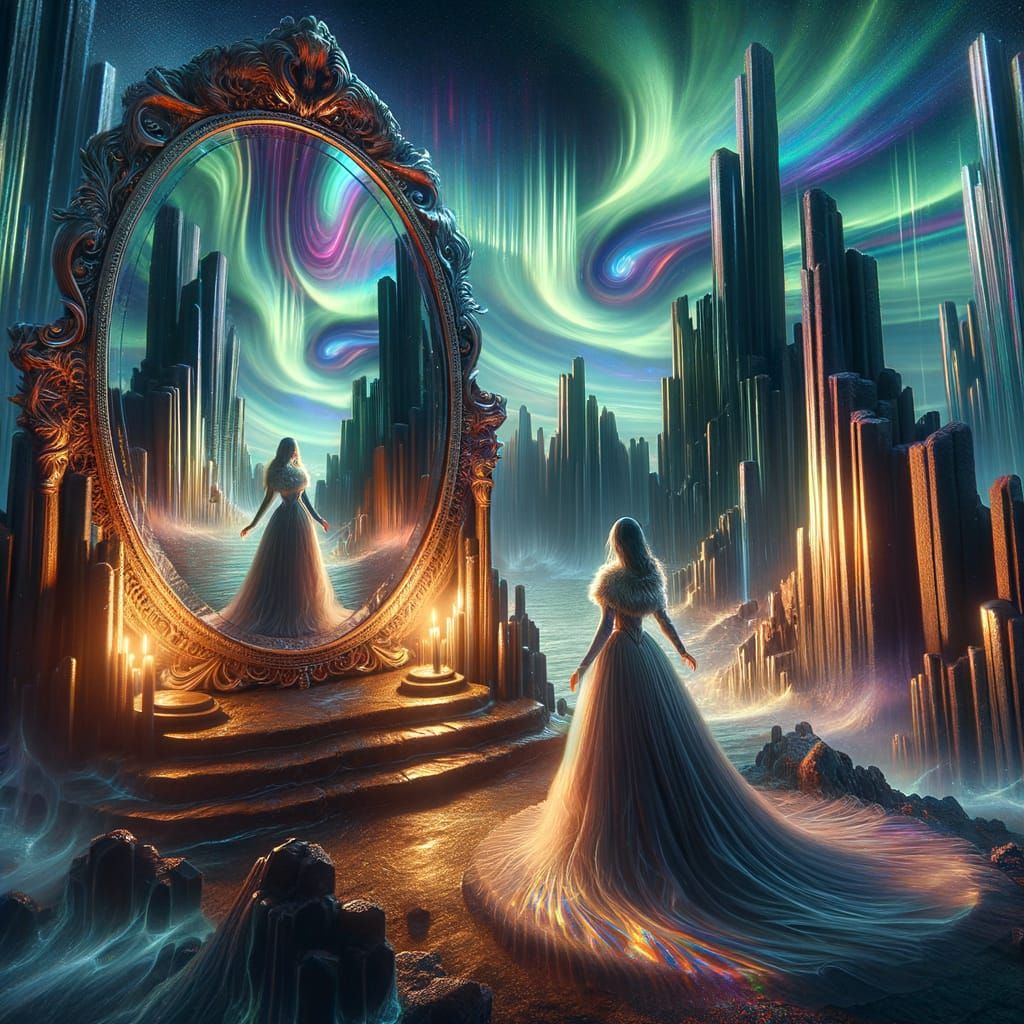 Mirror Reflecting Goddess in Surreal Landscape