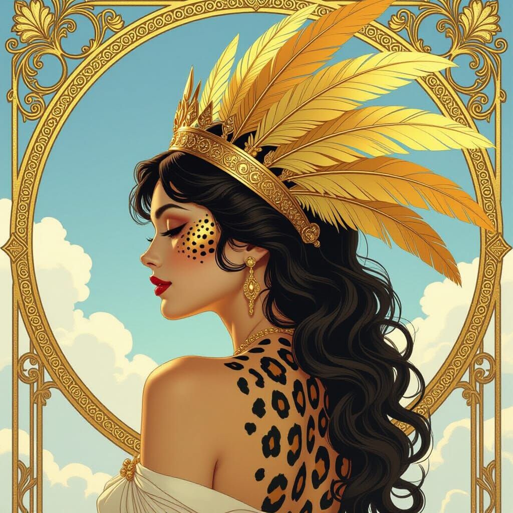 Romantic Leopard Figure with Golden Feather Crown